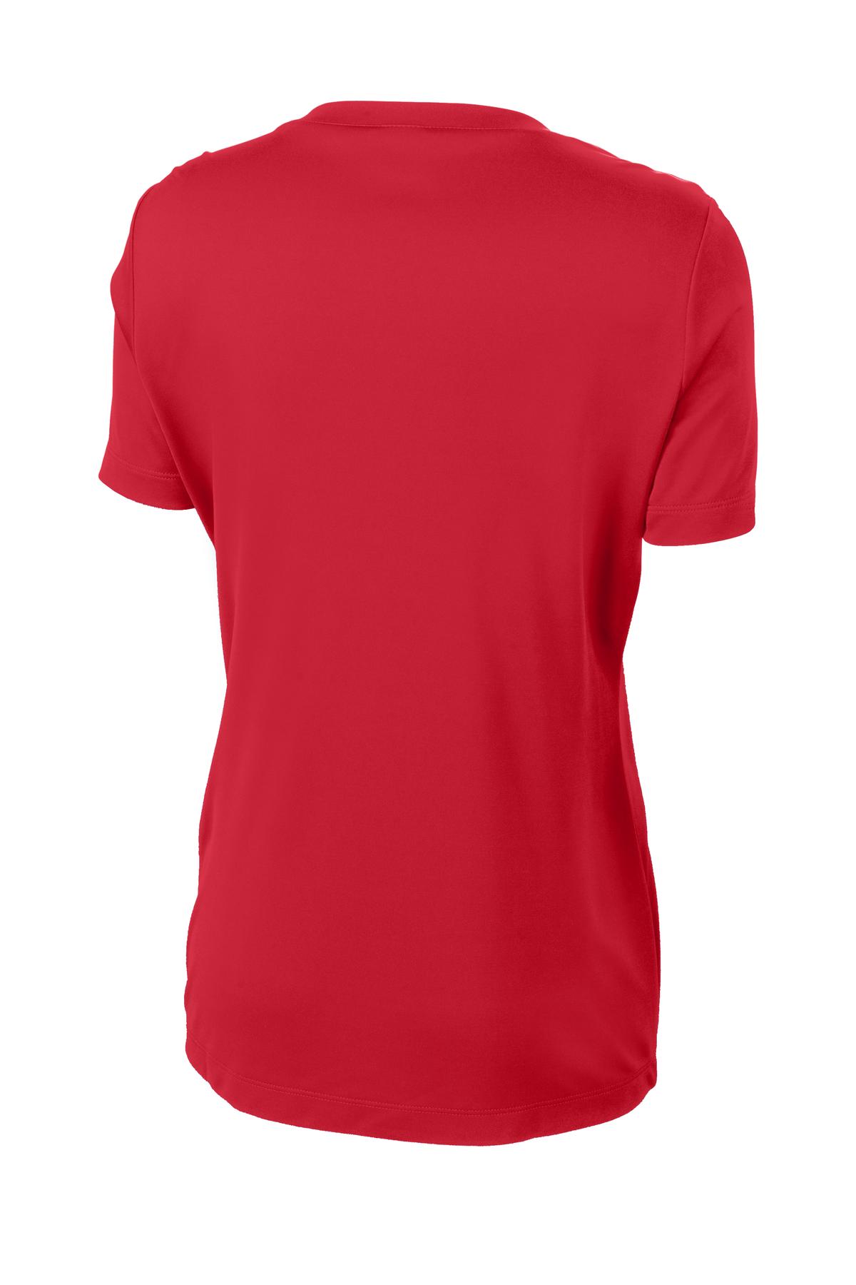 Rear View of True Red Sport-Tek Women's PosiCharge Competitor V-Neck Tee. LST353