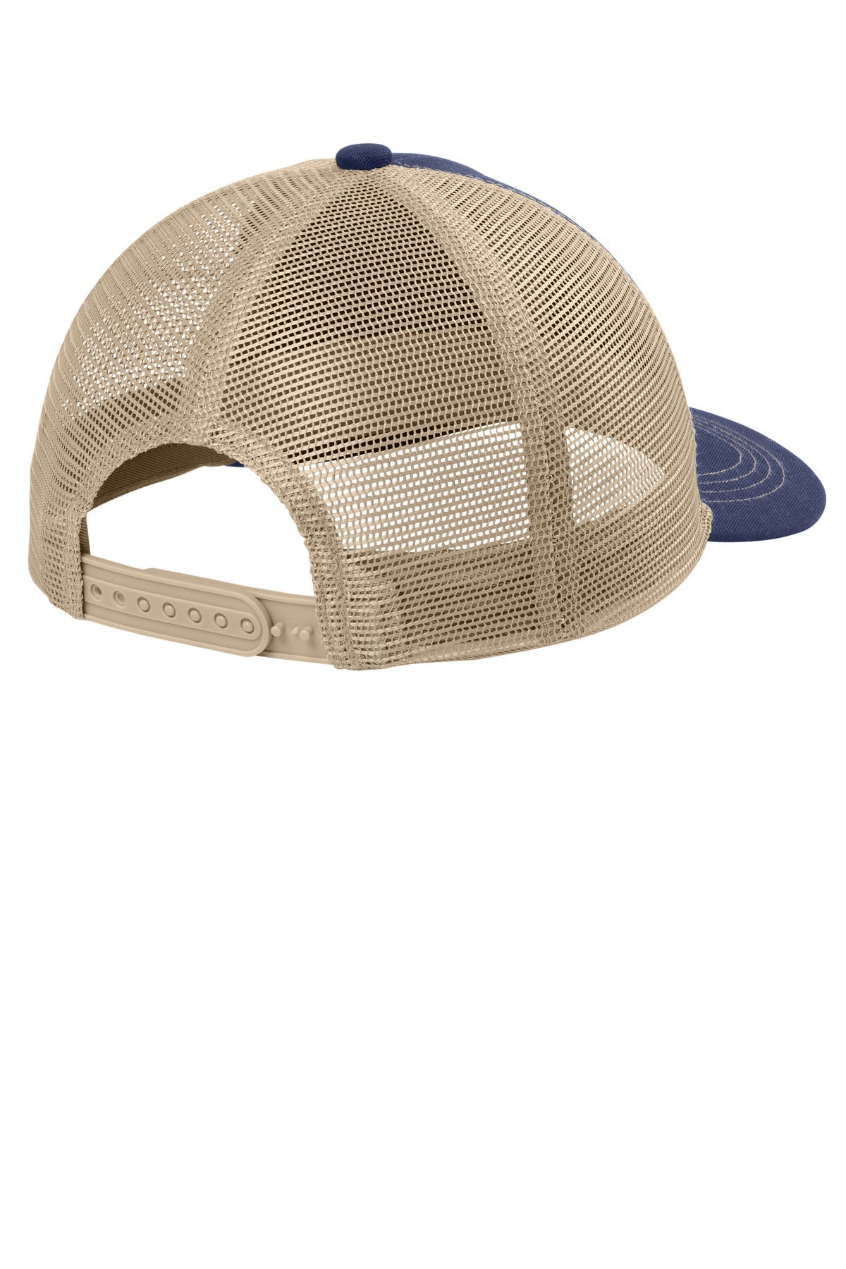 Rear View of TrueNv/Tan Port Authority Unstructured Snapback Trucker Cap C409