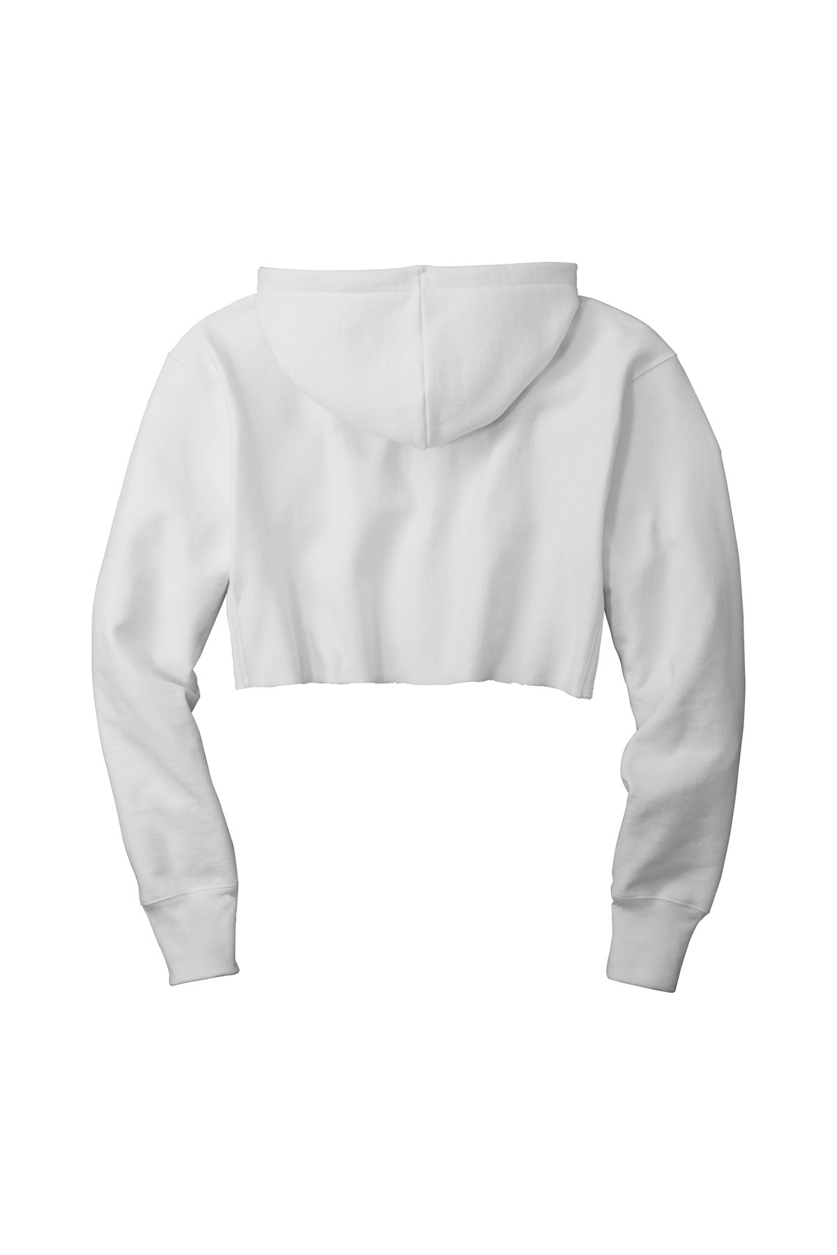 Rear View of White Champion Women's Reverse Weave Cropped Cut-Off Hooded Sweatshirt RW01W