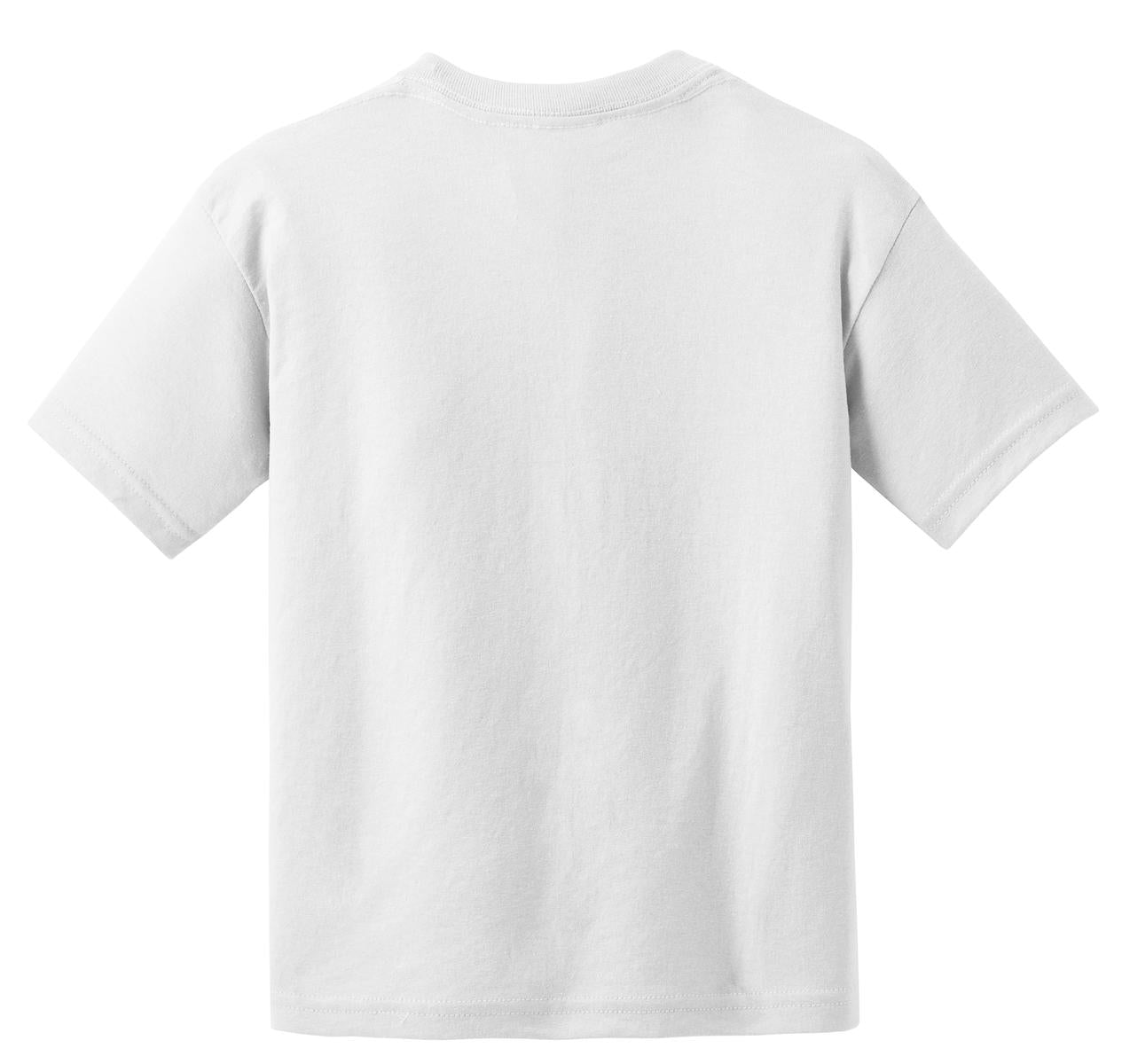 Rear View of White Gildan Youth DryBlend 50 Cotton/50 Poly T-Shirt. 8000B