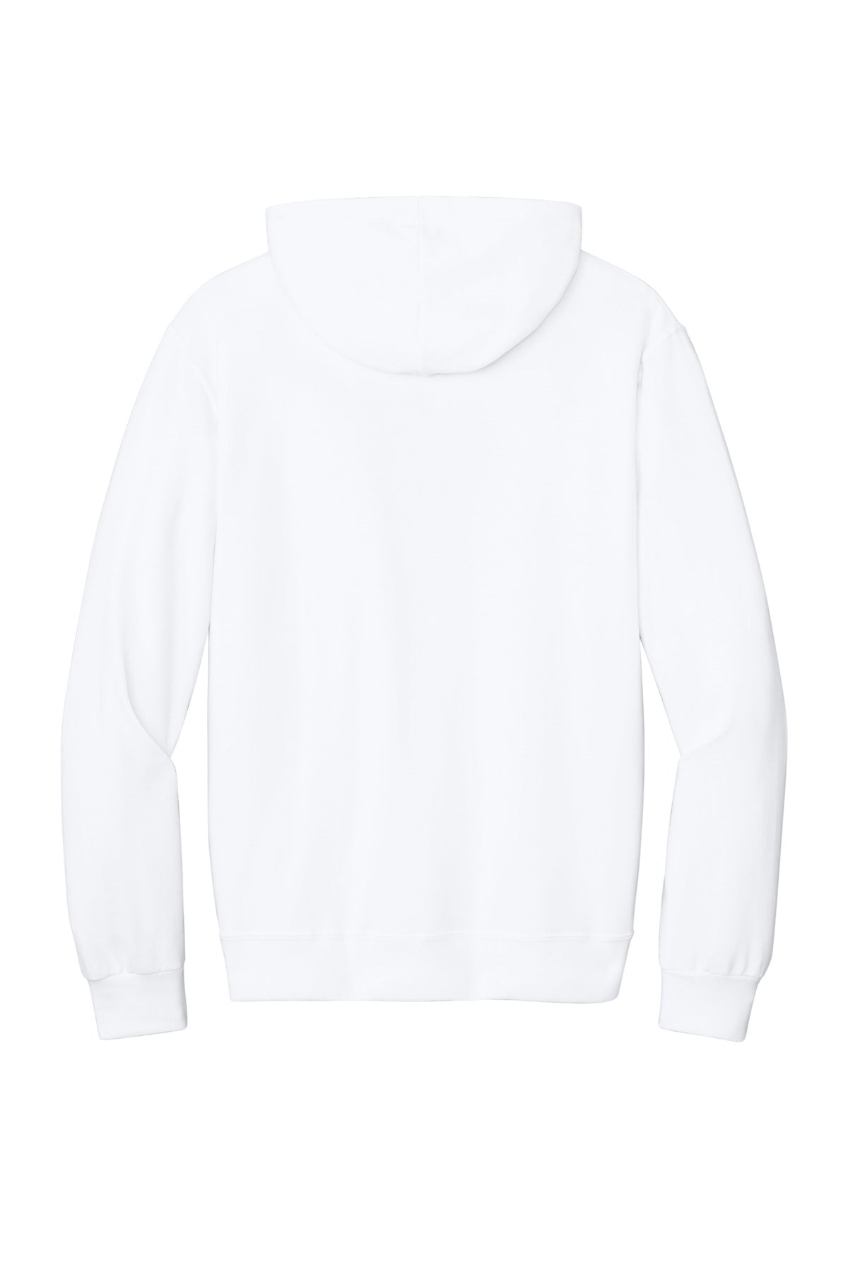 Rear View of White Jerzees Ultimate Unisex CVC Ring Spun Hooded Sweatshirt IC49M