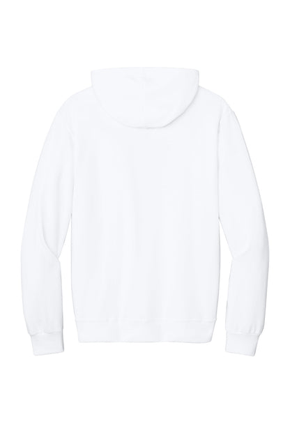 Rear View of White Jerzees Ultimate Unisex CVC Ring Spun Hooded Sweatshirt IC49M