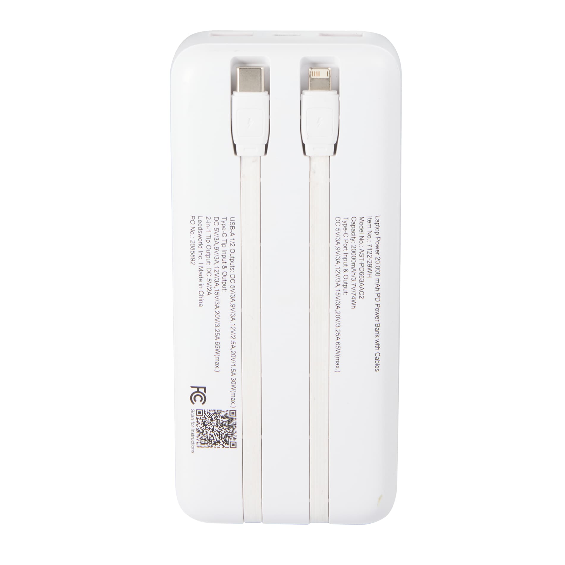 Rear View of White Laptop Power 20,000 mAh PD Power Bank with Cables plain
