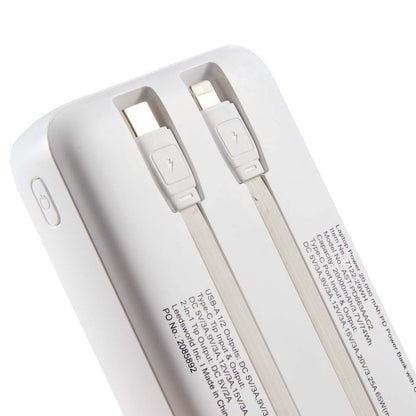 Rear View of White Laptop Power 20,000 mAh PD Power Bank with Cables plain