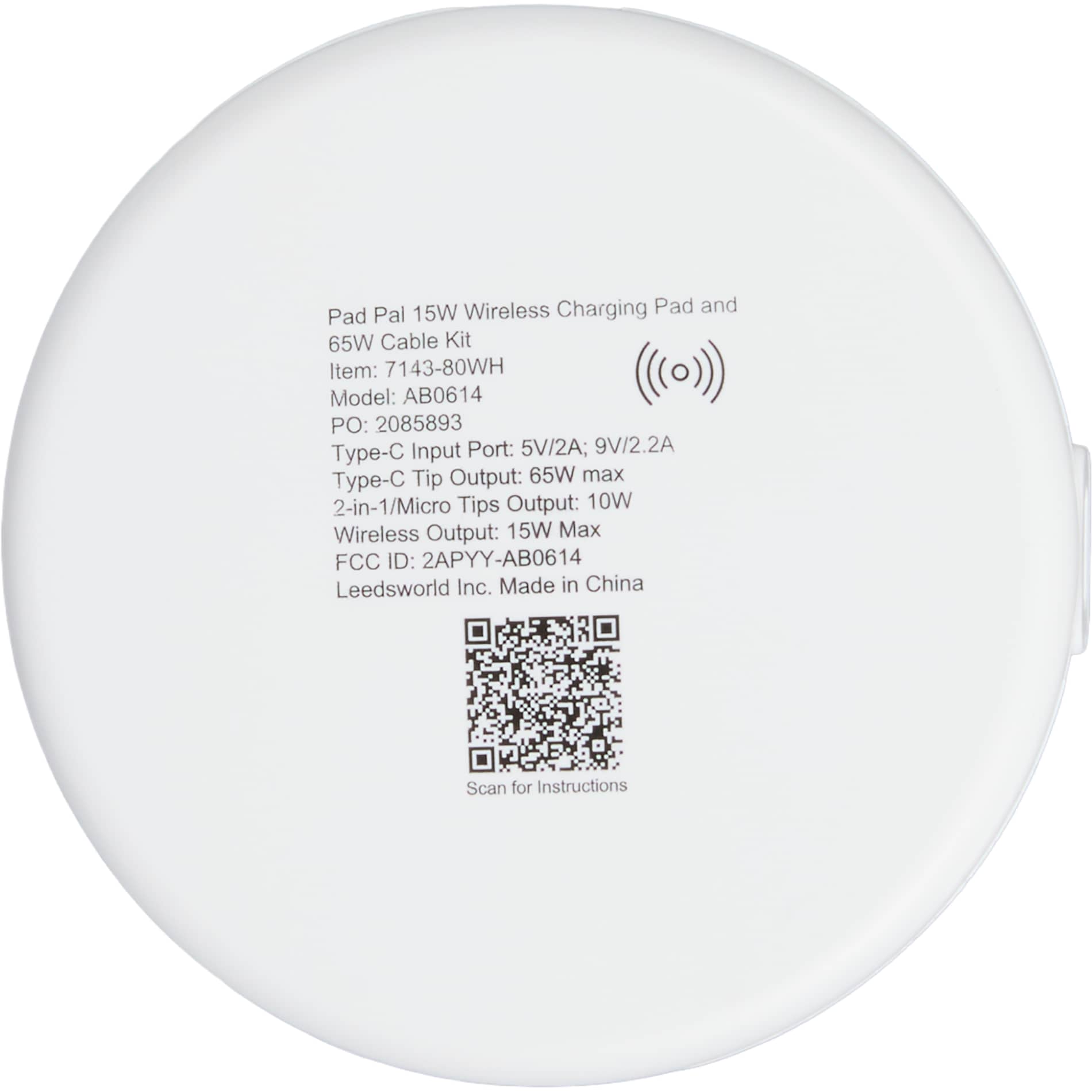 Rear View of White Pad Pal 15W Wireless Charging Pad and 65W Cable Ki plain