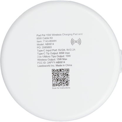 Rear View of White Pad Pal 15W Wireless Charging Pad and 65W Cable Ki plain