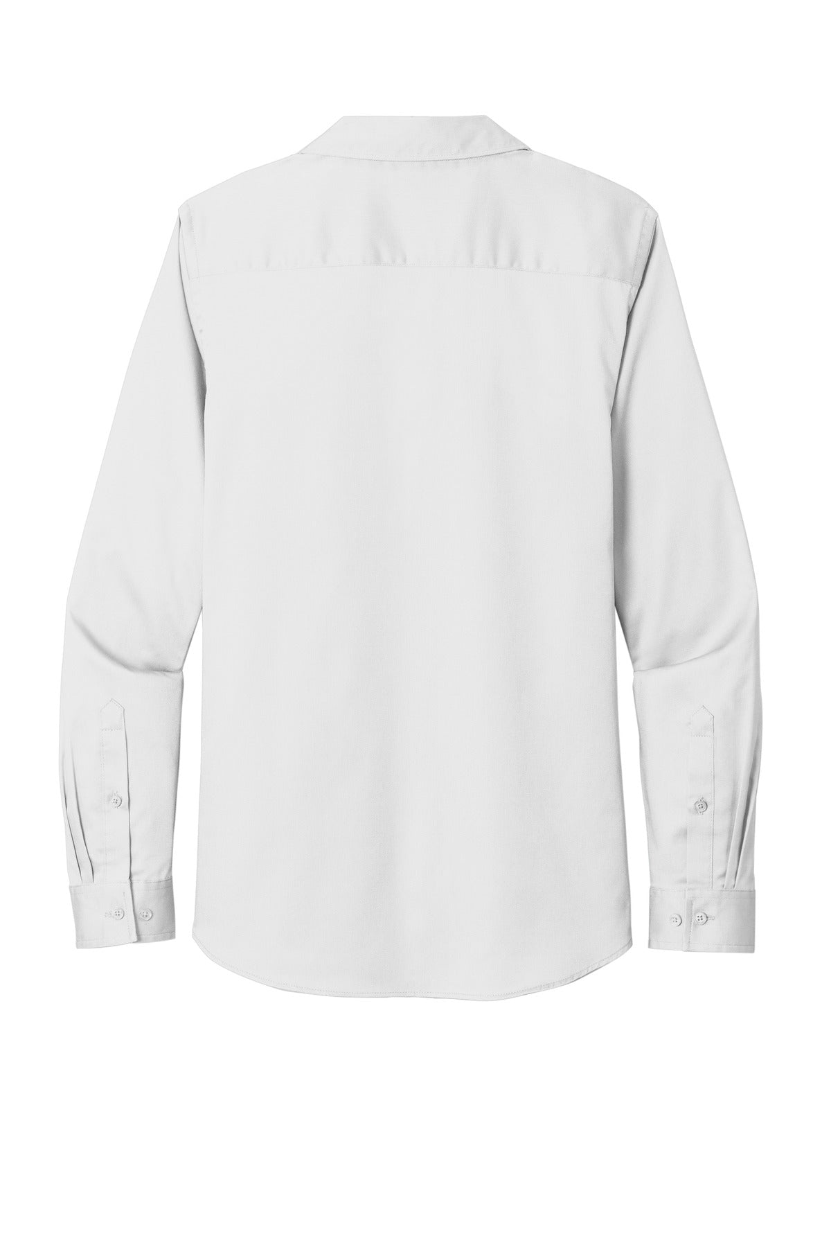 Rear View of White Port Authority Women's Long Sleeve SuperPro React Twill Shirt. LW808