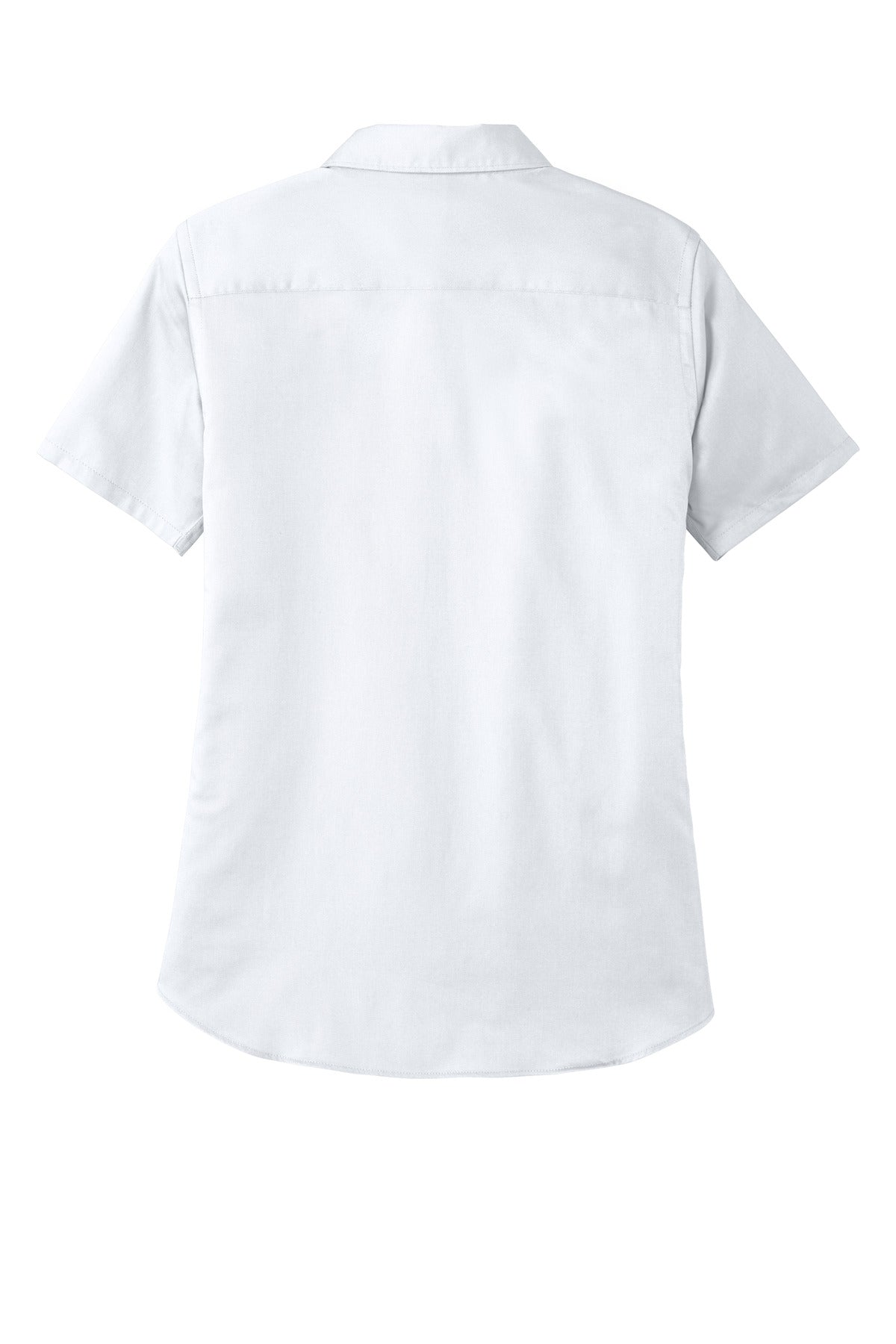 Rear View of White Port Authority Women's Short Sleeve SuperPro React Twill Shirt. LW809