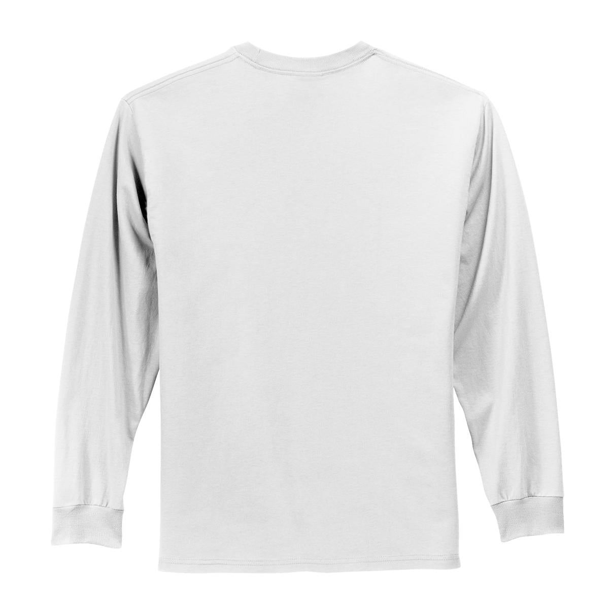 Rear View of White Port & Co Long Sleeve Essential Tee. PC61LS