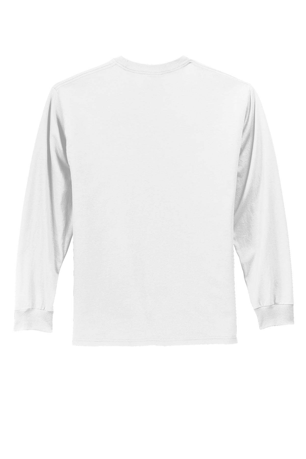 Rear View of White Port & Co Long Sleeve Essential Tee. PC61LS