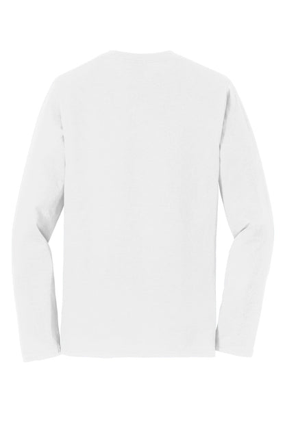 Rear View of White Port & Co Long Sleeve Fan Favorite Tee. PC450LS
