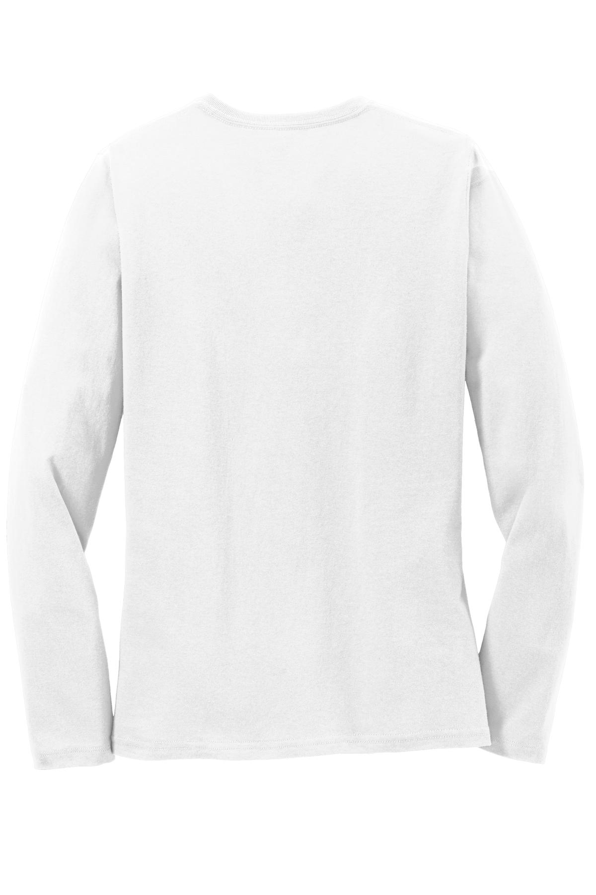 Rear View of White Port & Co Women's Long Sleeve Core Cotton Tee. LPC54LS