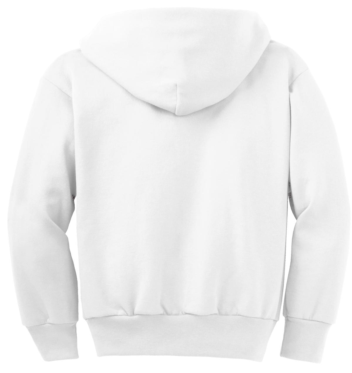 Rear View of White Port & Co Youth Core Fleece Full-Zip Hooded Sweatshirt. PC90YZH