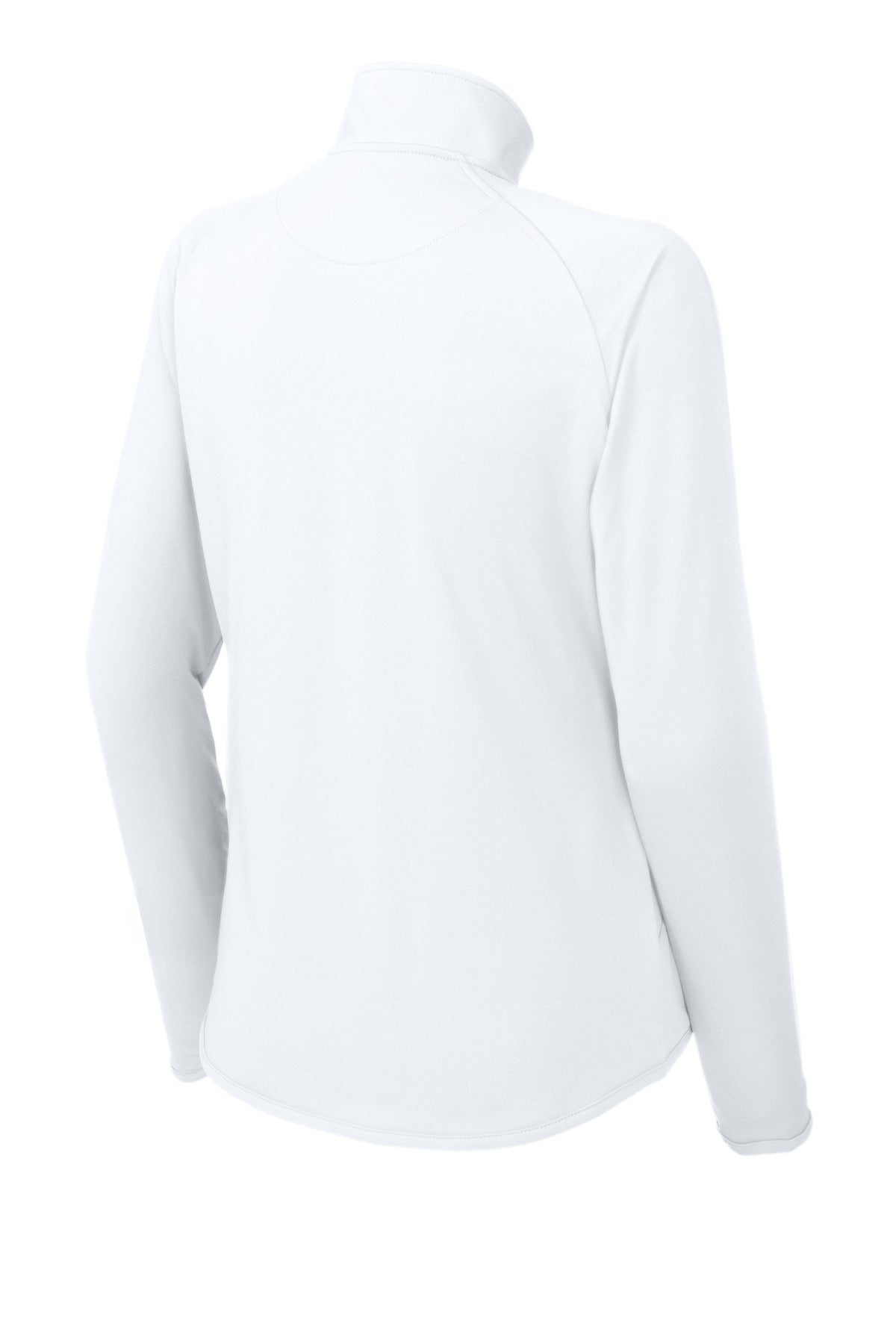Rear View of White Sport-Tek Women's Sport-Wick Stretch 1/4-Zip Pullover. LST850