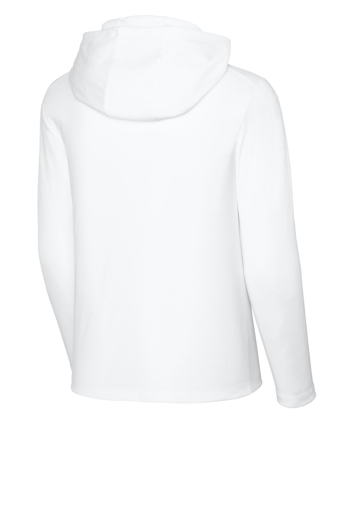 Rear View of White Sport-Tek Youth Posi-UV Pro Long Sleeve Hoodie YST420LSH