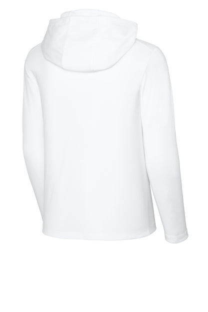 Rear View of White Sport-Tek Youth Posi-UV Pro Long Sleeve Hoodie YST420LSH