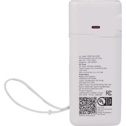 Rear View of White UL Listed 10,000 mAh 20W PD Power Bank with AC Plu plain