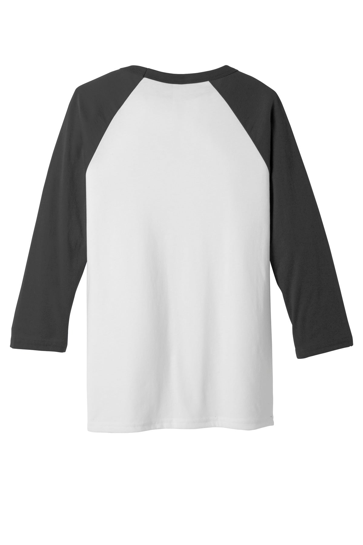 Rear View of White/Asphalt BELLA+CANVAS Unisex 3/4-Sleeve Baseball Tee. BC3200
