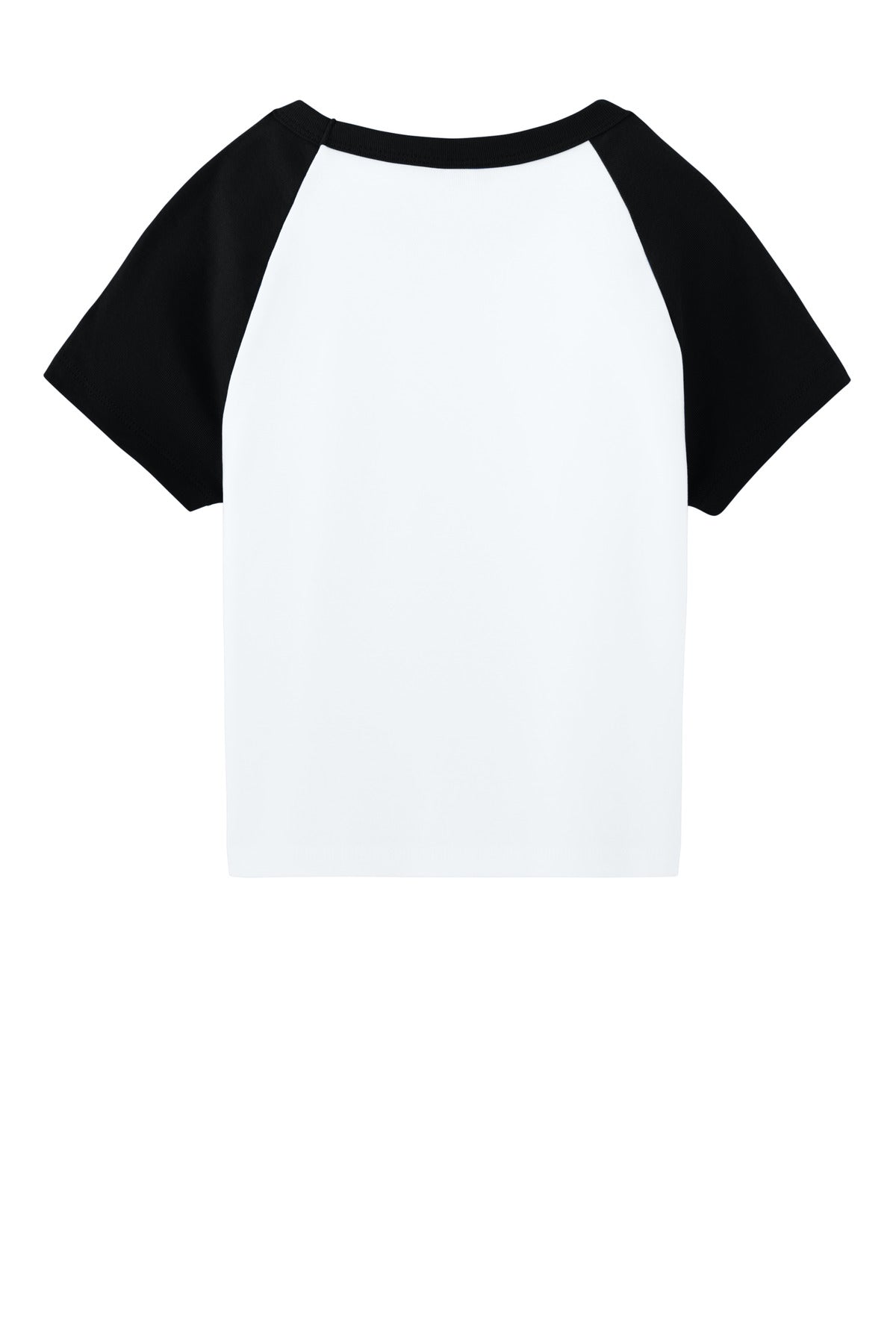 Rear View of White/Blk BELLA+CANVAS Women's Micro Rib Raglan Baby Tee BC1201