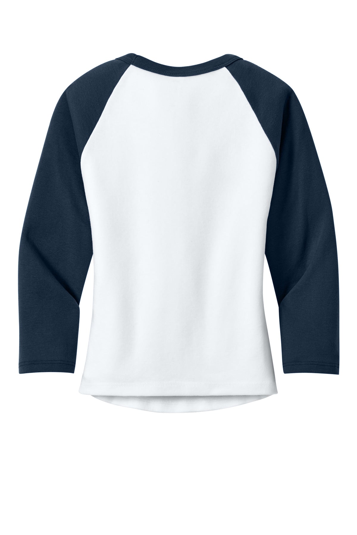 Rear View of White/Navy BELLA+CANVAS Women's Micro Rib 3/4 Raglan Baby Tee BC1200