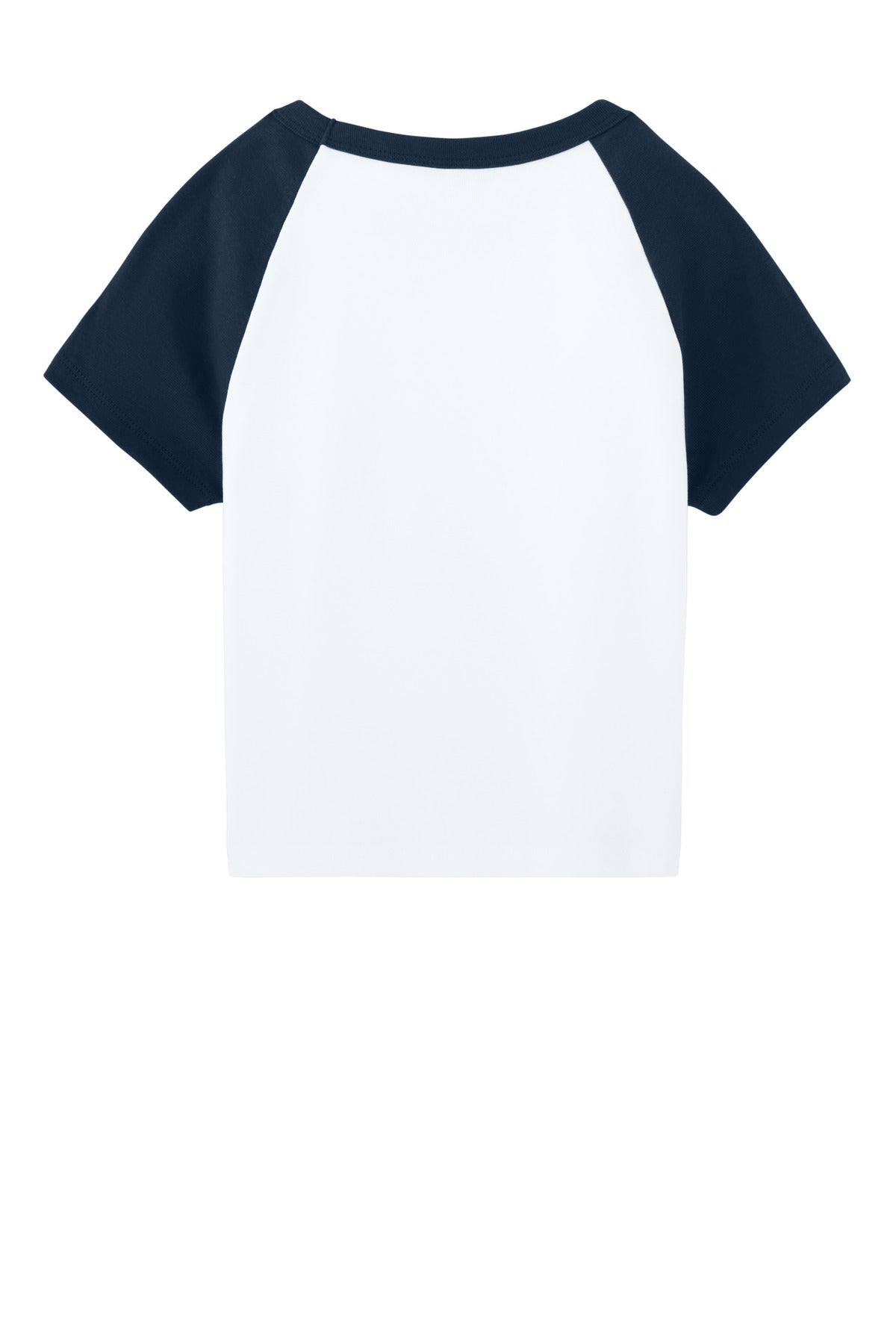Rear View of White/Navy BELLA+CANVAS Women's Micro Rib Raglan Baby Tee BC1201