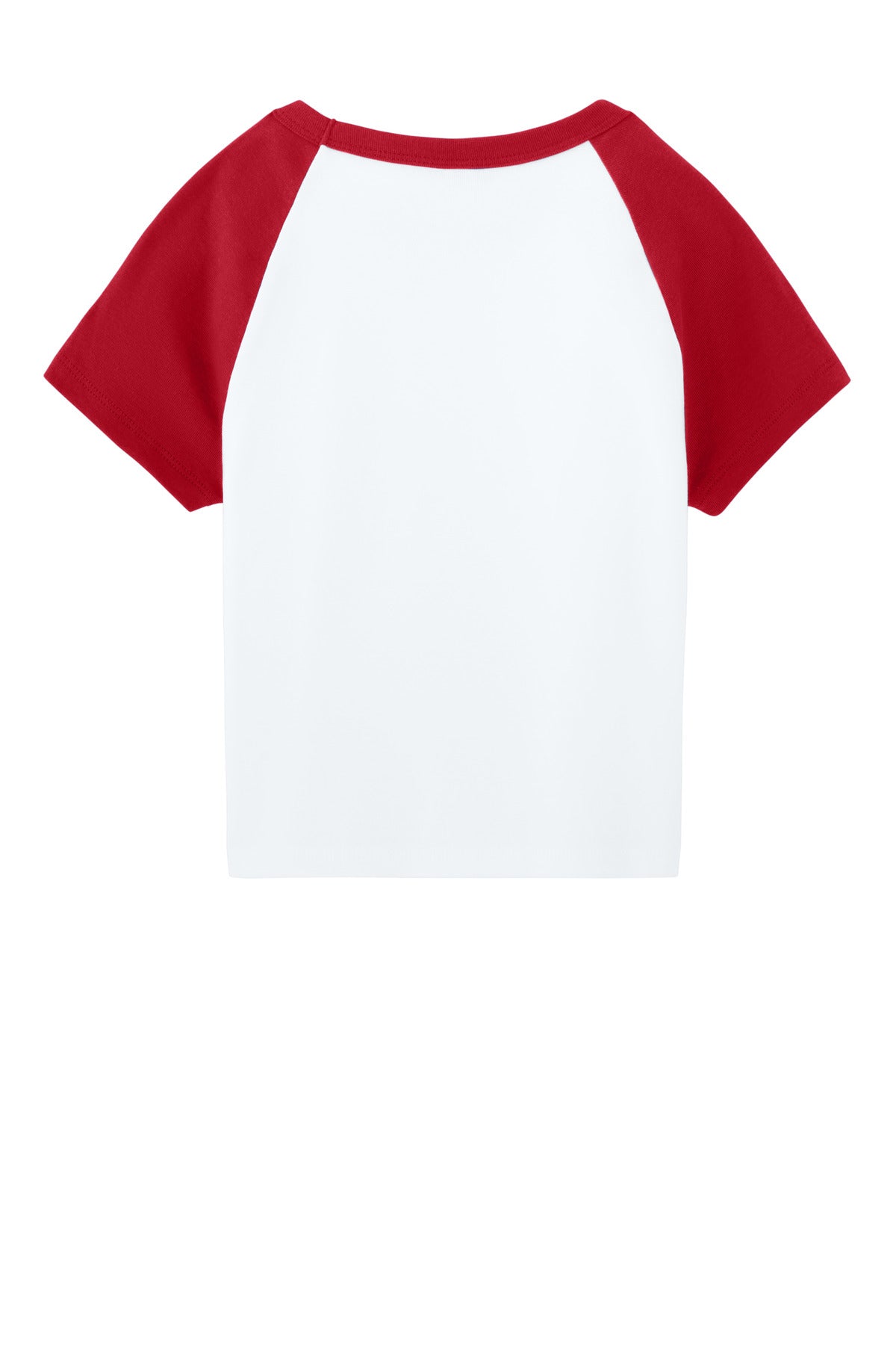 Rear View of White/Red BELLA+CANVAS Women's Micro Rib Raglan Baby Tee BC1201
