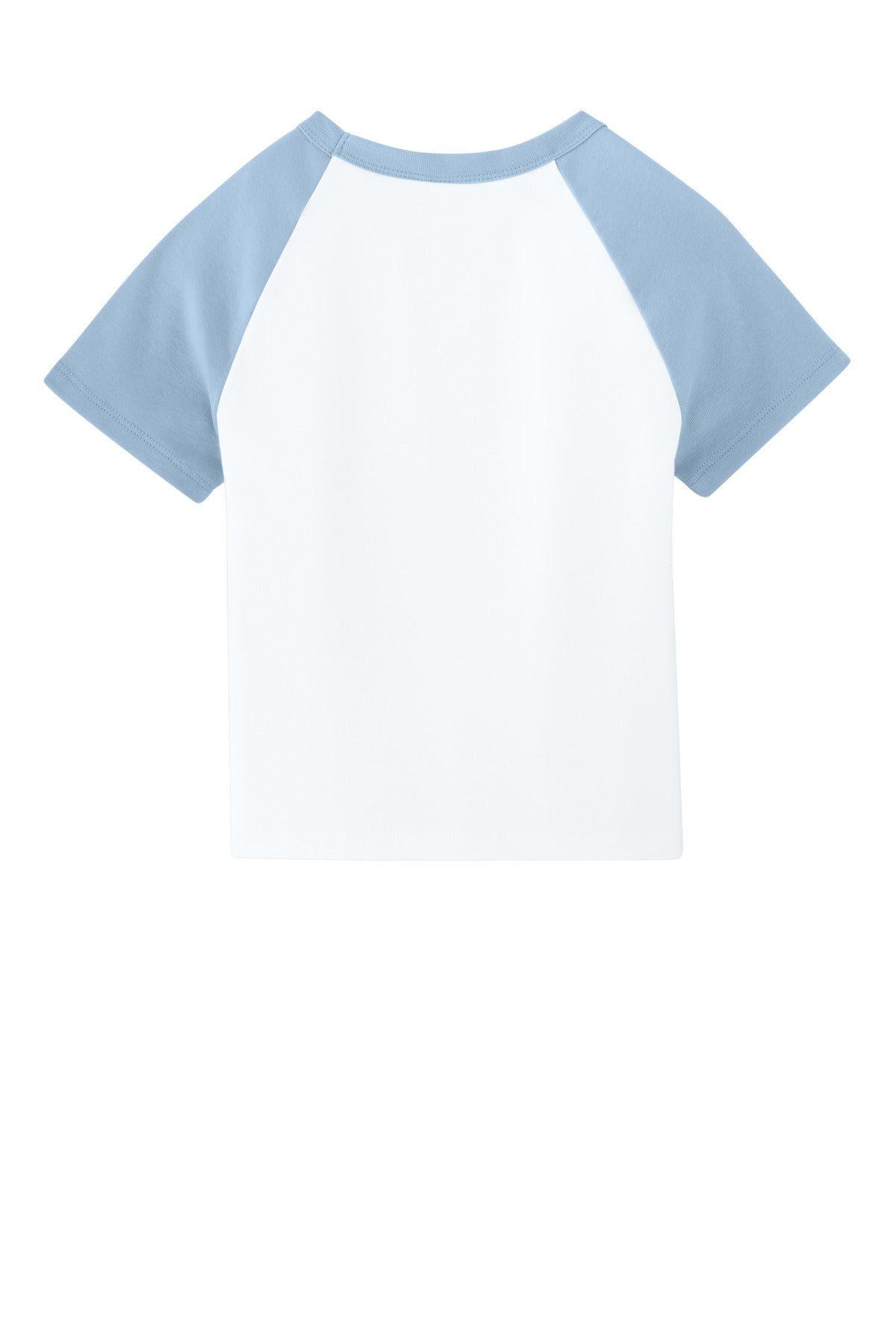 Rear View of Wht/BabyBl BELLA+CANVAS Women's Micro Rib Raglan Baby Tee BC1201