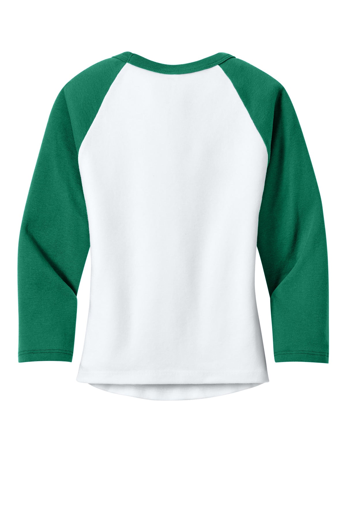 Rear View of Wht/Kelly BELLA+CANVAS Women's Micro Rib 3/4 Raglan Baby Tee BC1200