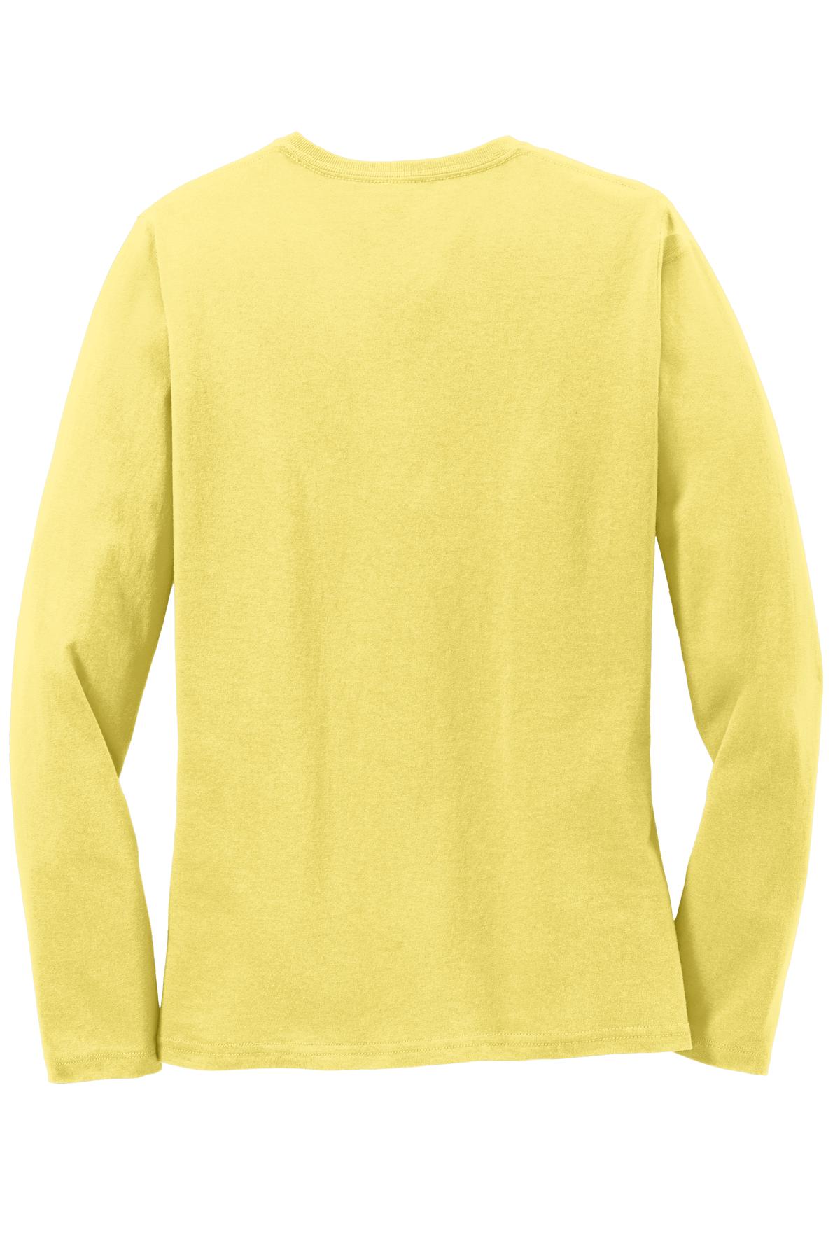Rear View of Yellow Port & Co Women's Long Sleeve Core Cotton Tee. LPC54LS