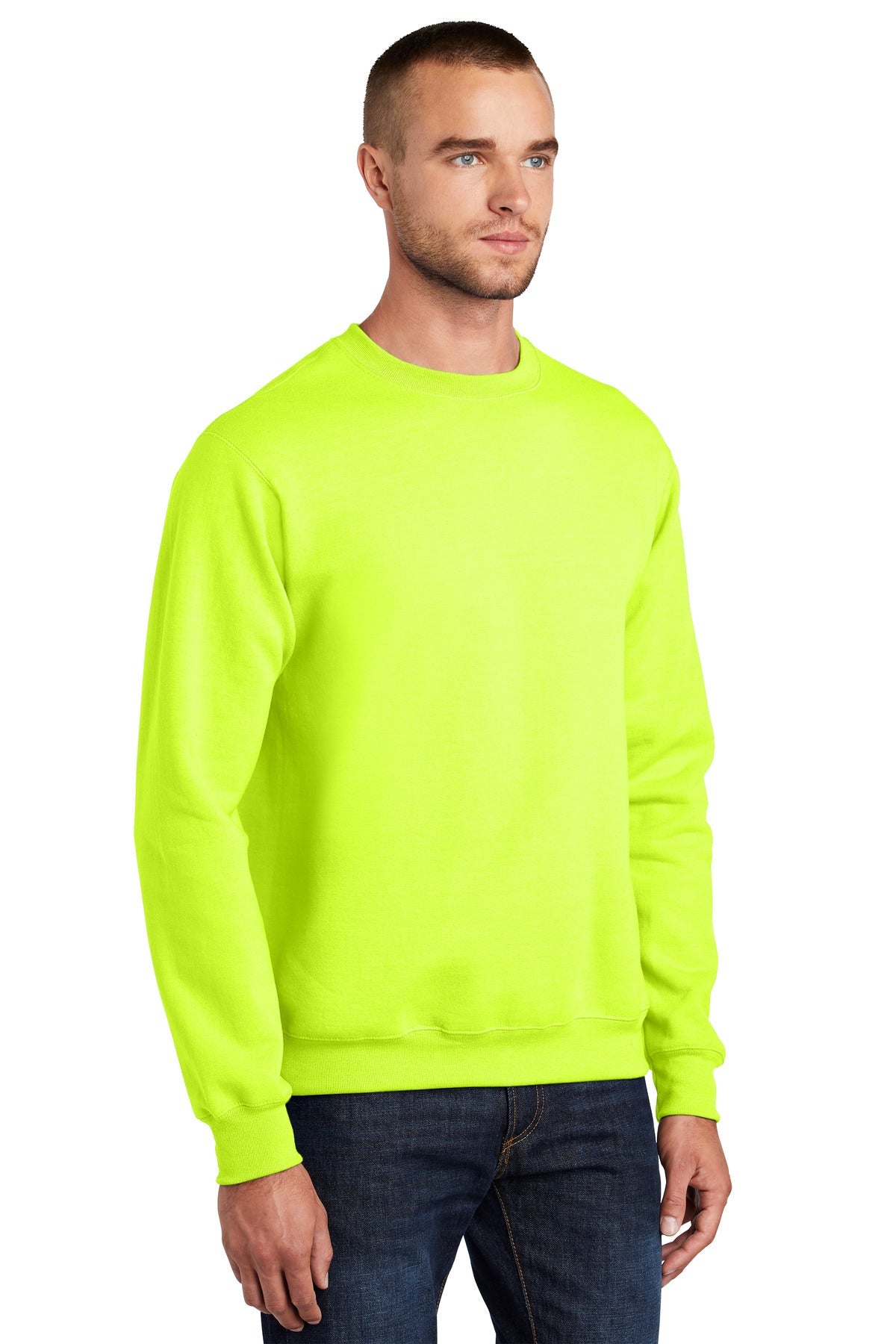 Safety Green Port & Co Essential Fleece Crewneck Sweatshirt. PC90