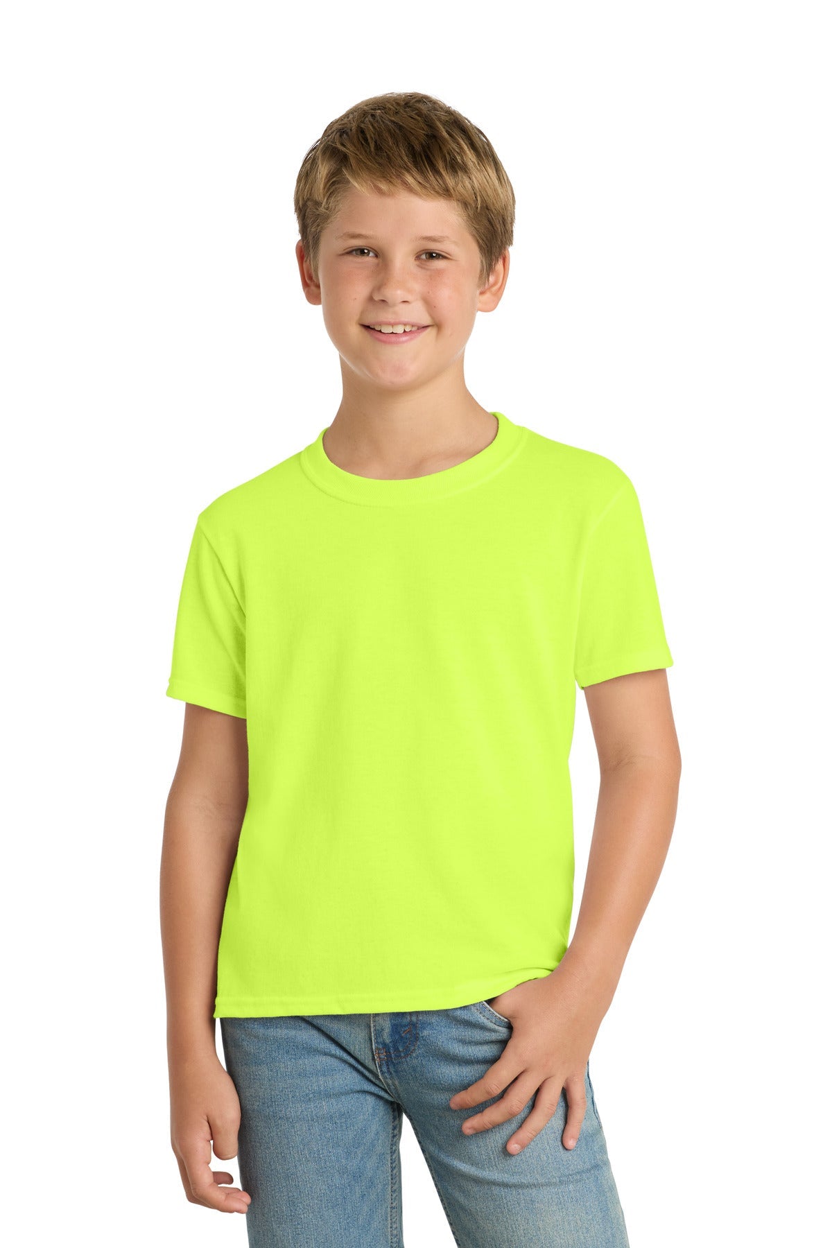 Safety Green Port & Co Youth Core Blend Tee. PC55Y