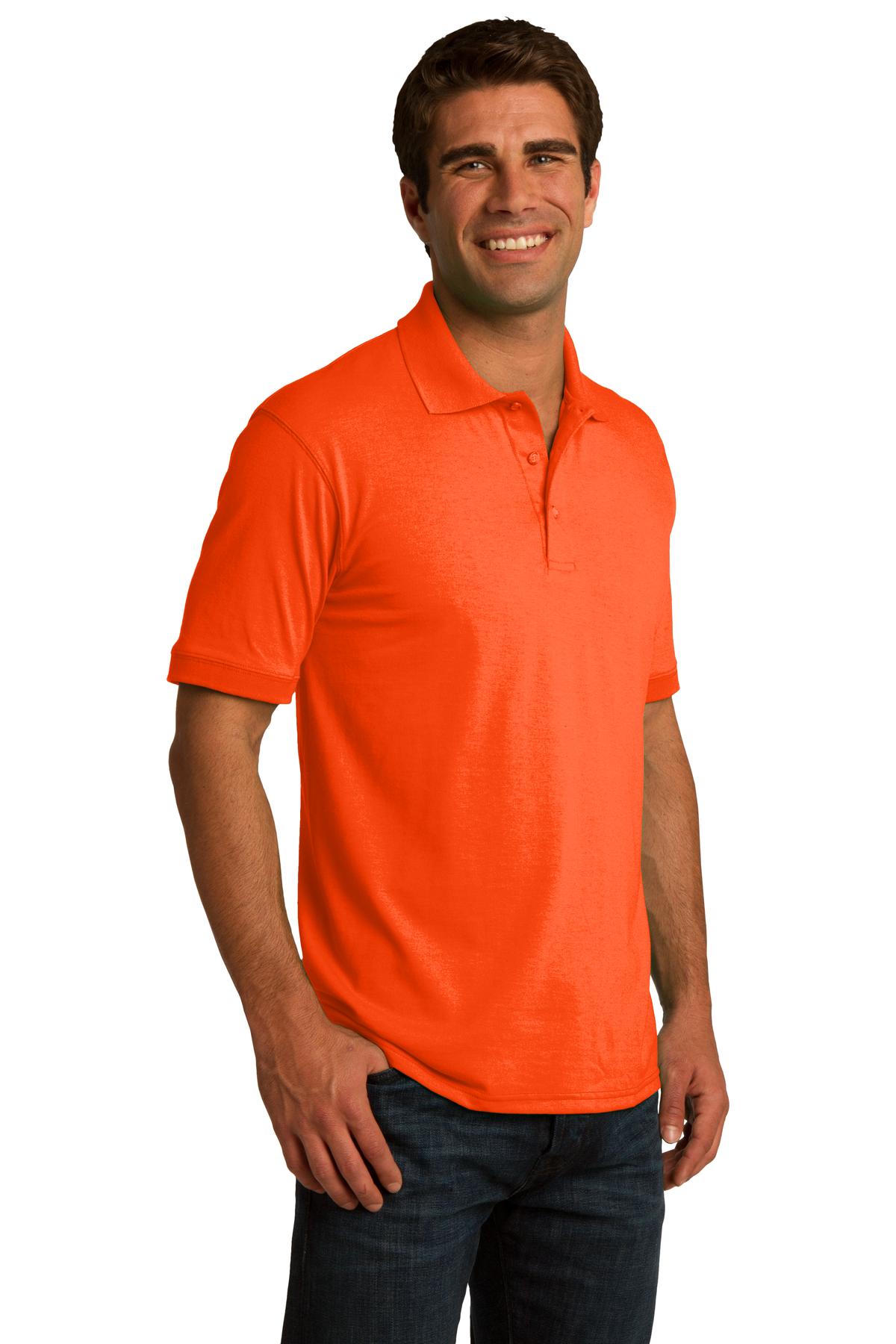 Safety Orange Port & Co Core Blend Jersey Knit Polo. KP55