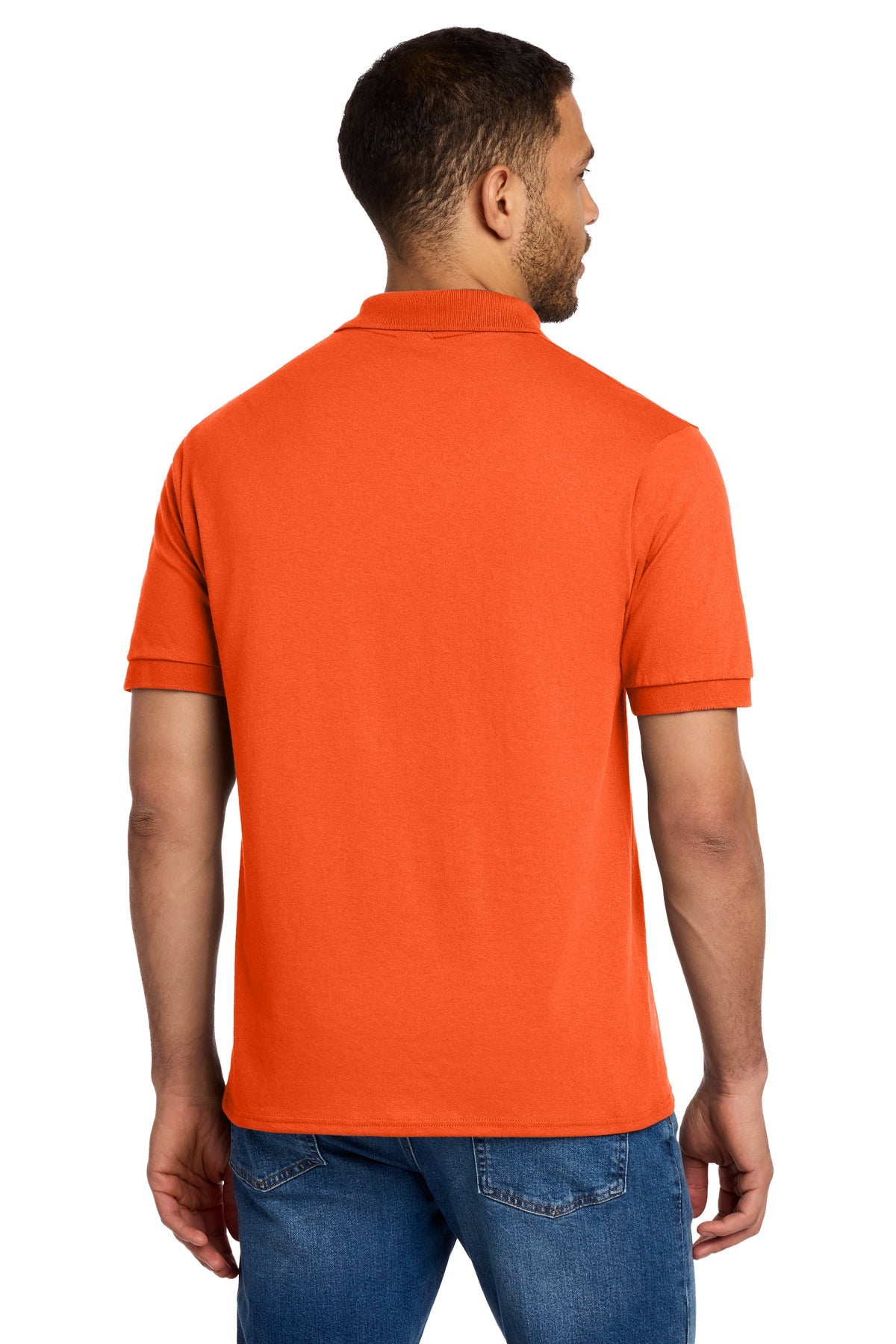 Safety Orange Port & Co Core Blend Jersey Knit Polo. KP55