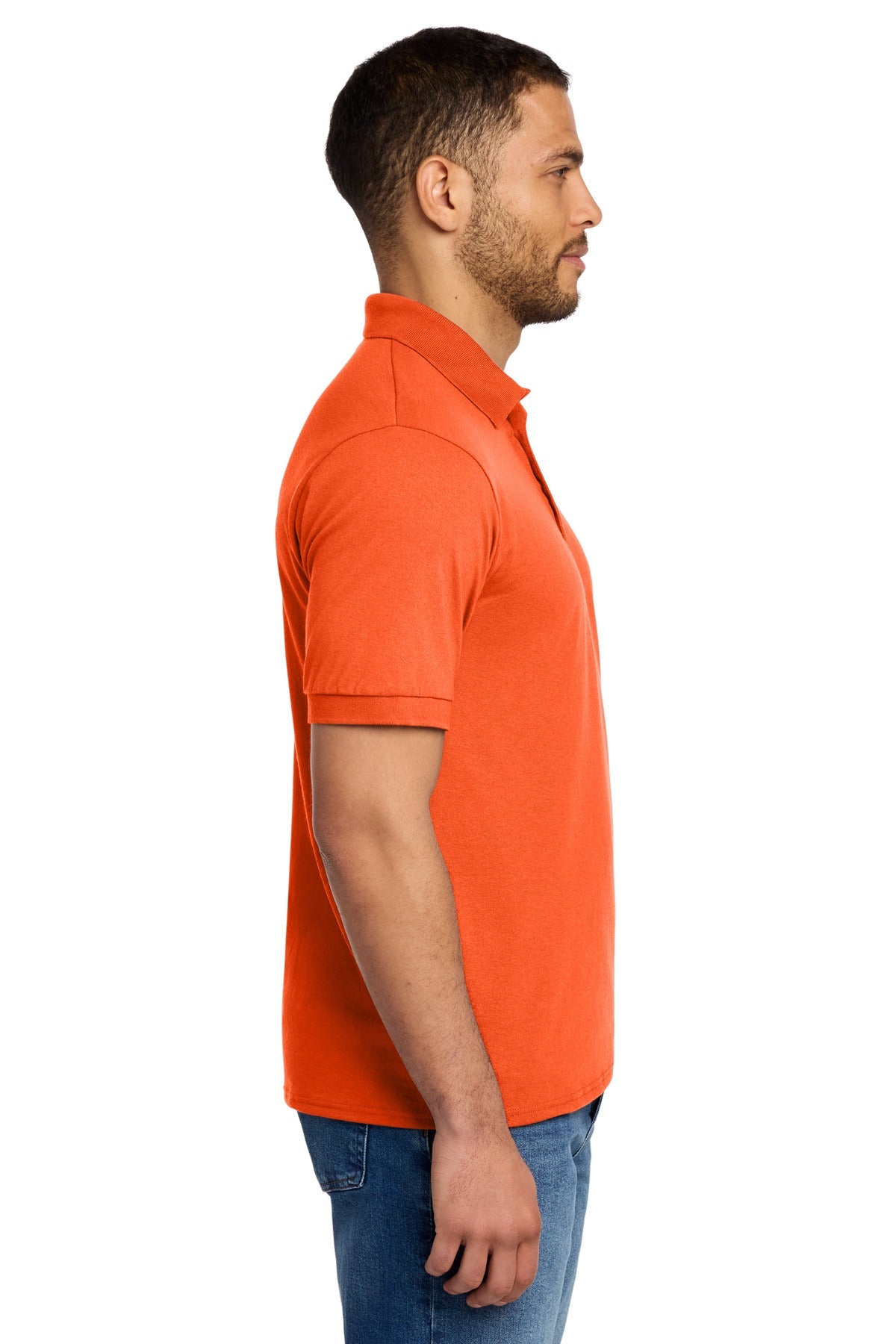 Safety Orange Port & Co Core Blend Jersey Knit Polo. KP55