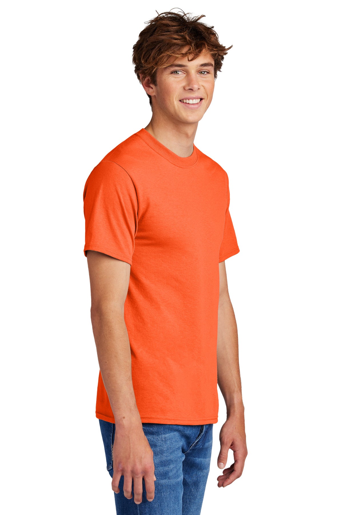Safety Orange Port & Co Core Blend Tee. PC55
