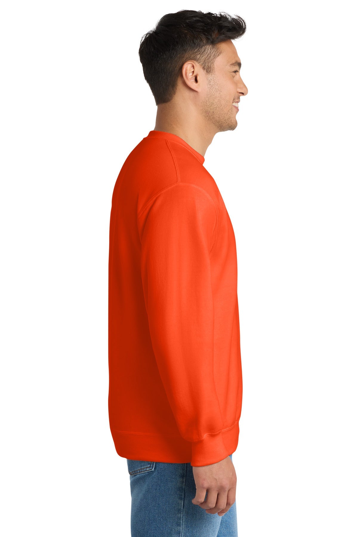 Safety Orange Port & Co Essential Fleece Crewneck Sweatshirt. PC90