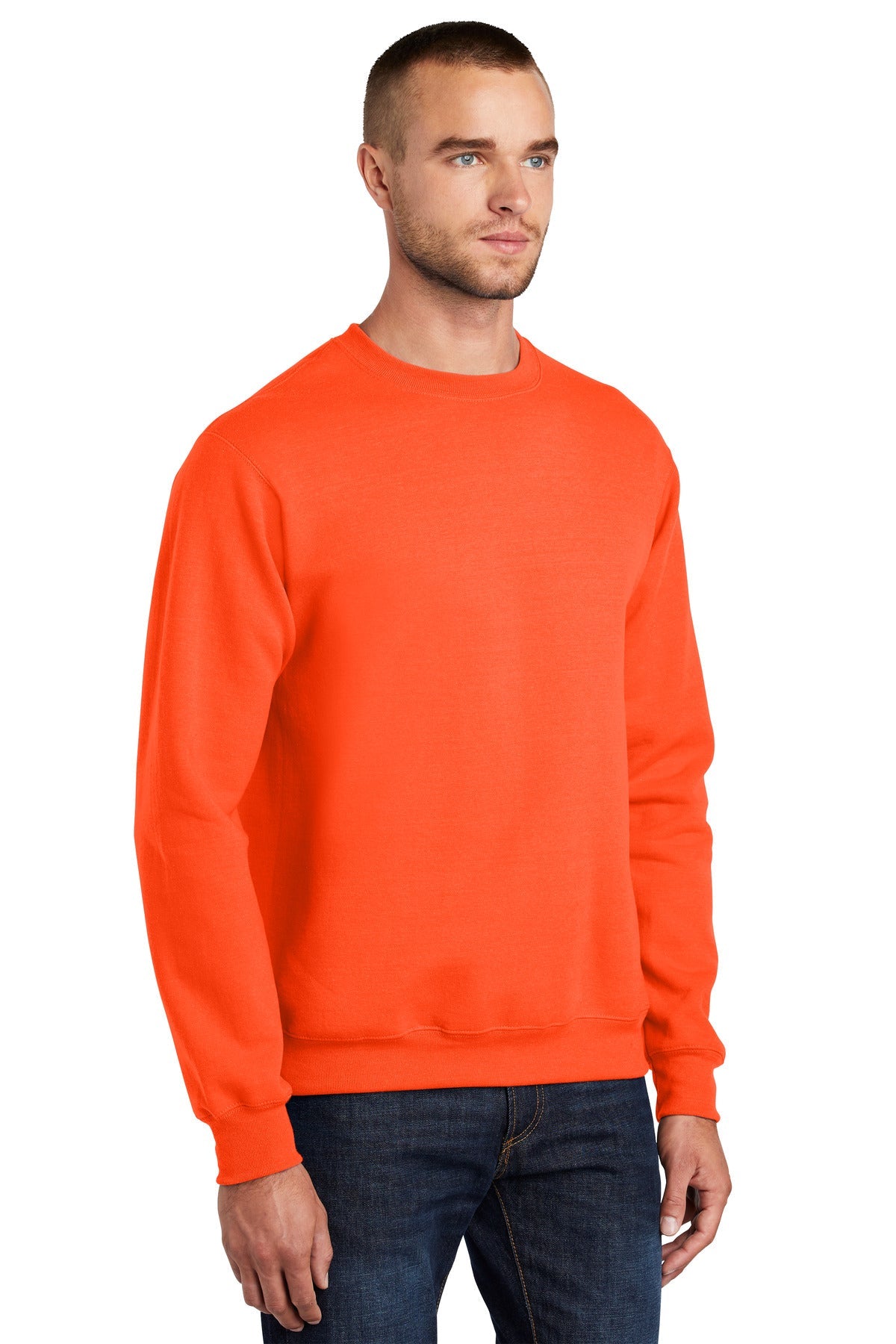 Safety Orange Port & Co Essential Fleece Crewneck Sweatshirt. PC90