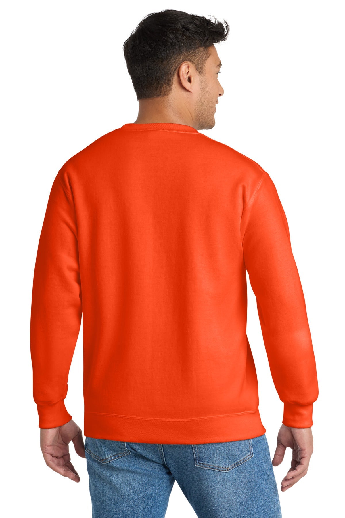 Safety Orange Port & Co Essential Fleece Crewneck Sweatshirt. PC90