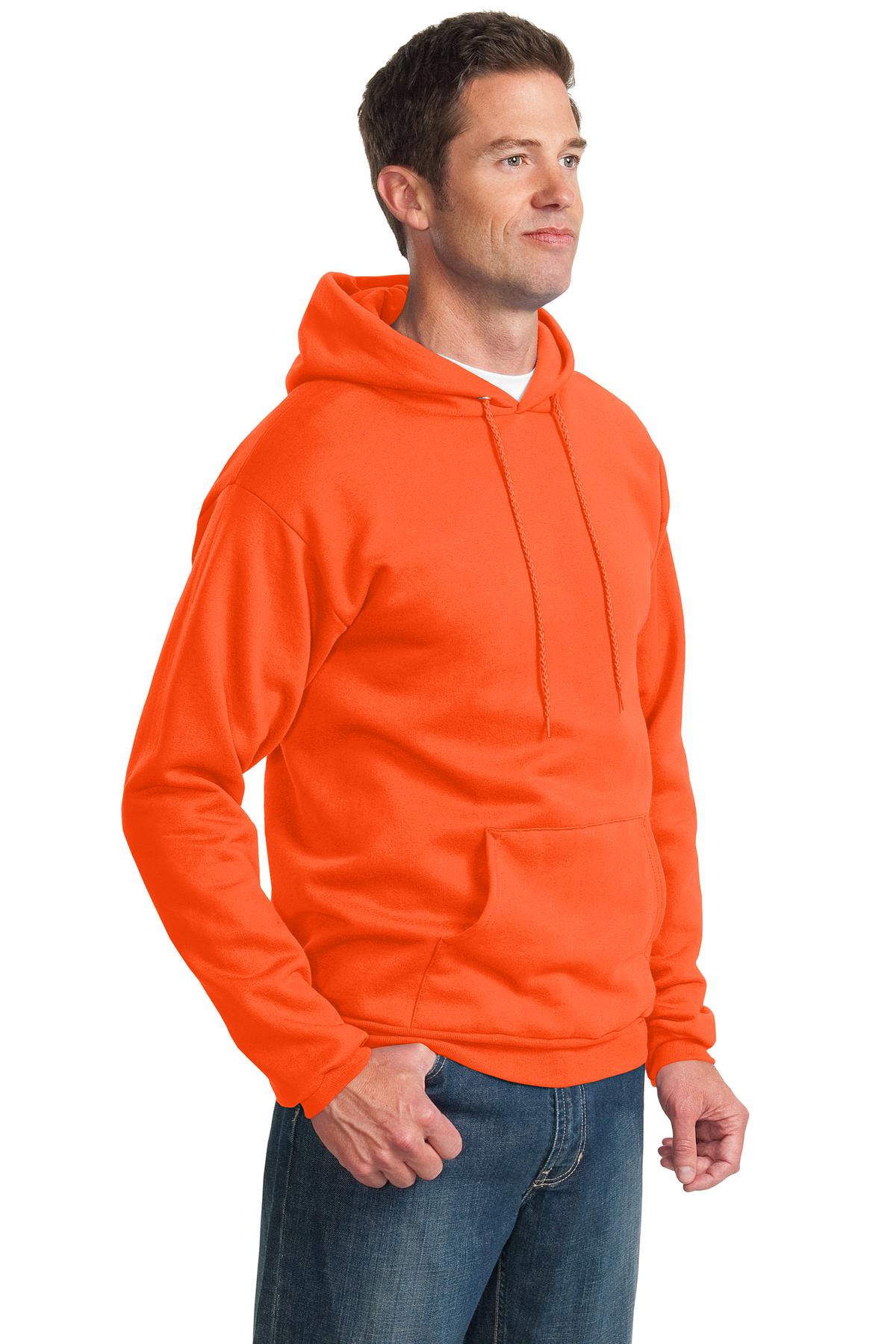 Safety Orange Port & Co Essential Fleece Pullover Hooded Sweatshirt. PC90H
