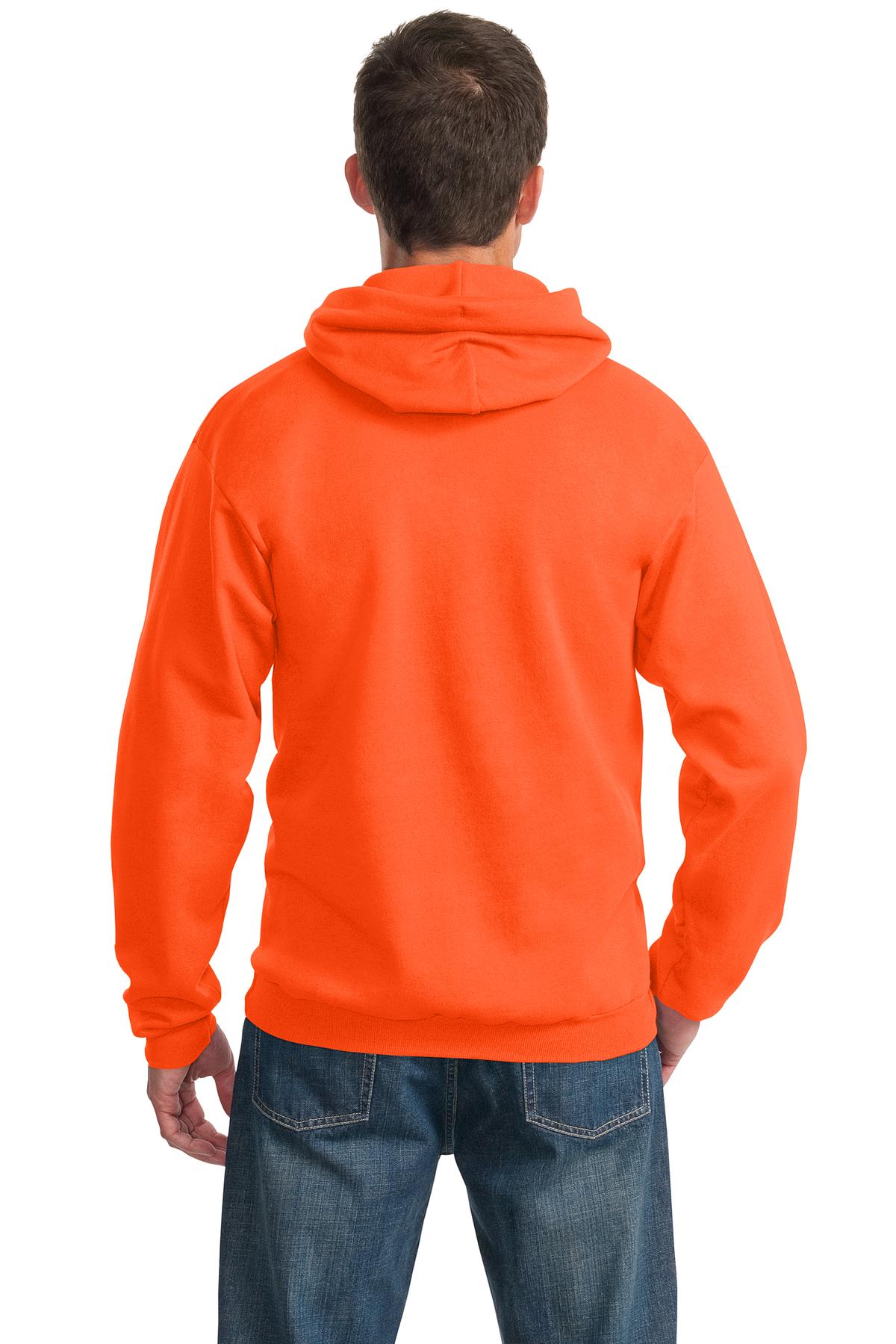 Safety Orange Port & Co Essential Fleece Pullover Hooded Sweatshirt. PC90H