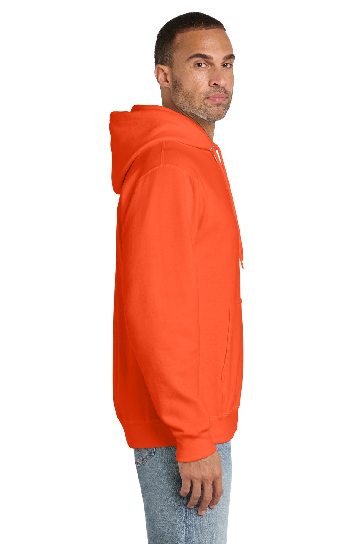 Safety Orange Port & Co Essential Fleece Pullover Hooded Sweatshirt. PC90H