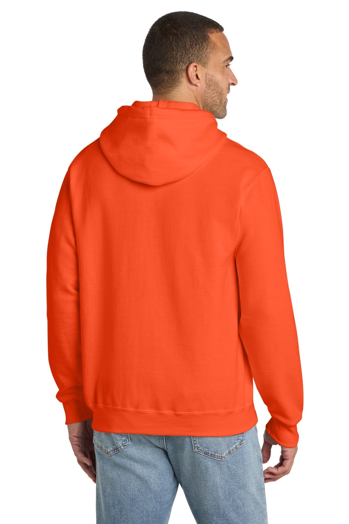 Safety Orange Port & Co Essential Fleece Pullover Hooded Sweatshirt. PC90H