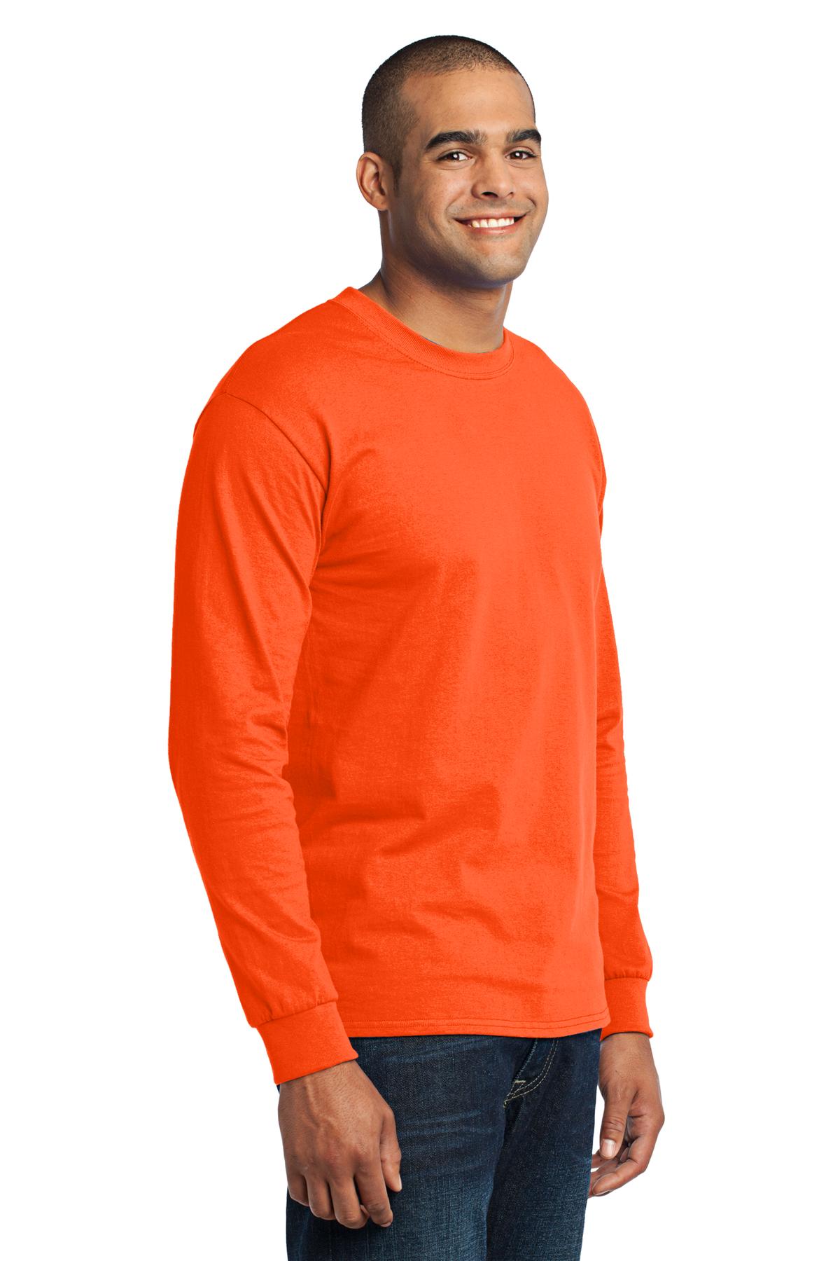 Safety Orange Port & Co Long Sleeve Core Blend Tee. PC55LS