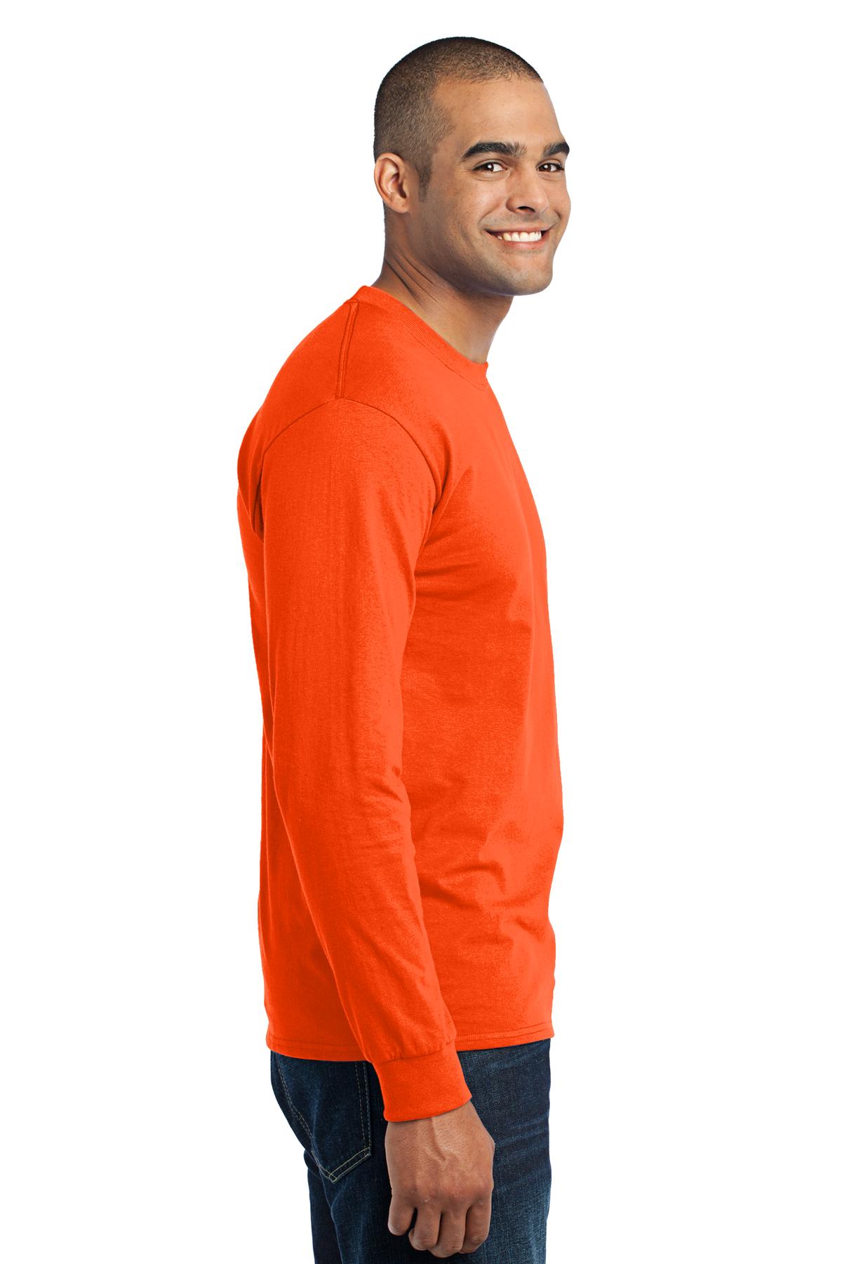 Safety Orange Port & Co Long Sleeve Core Blend Tee. PC55LS