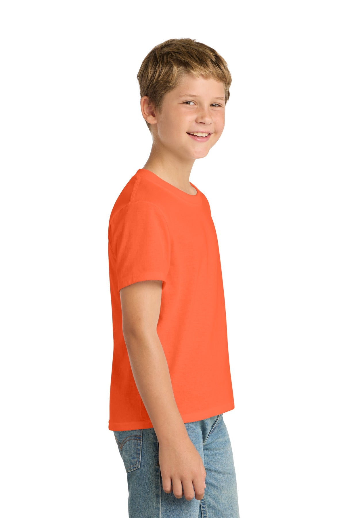 Safety Orange Port & Co Youth Core Blend Tee. PC55Y
