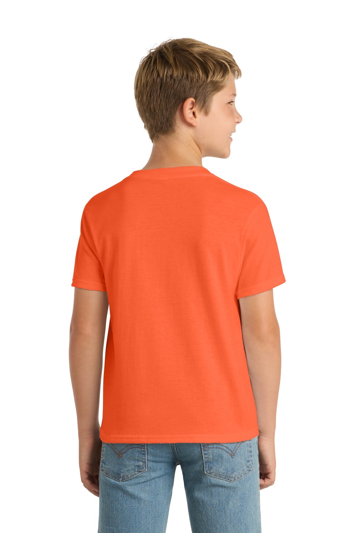 Safety Orange Port & Co Youth Core Blend Tee. PC55Y