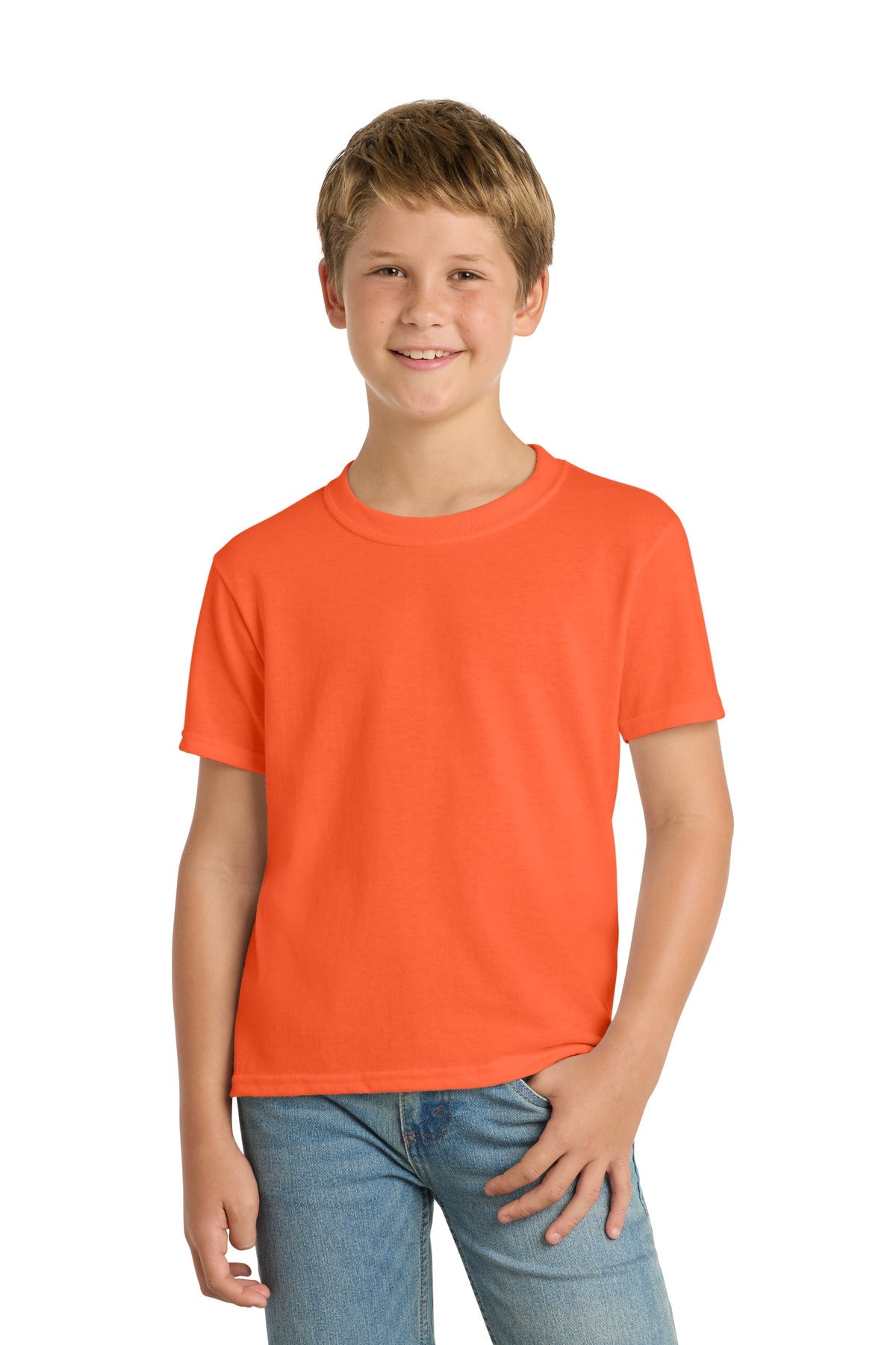 Safety Orange Port & Co Youth Core Blend Tee. PC55Y
