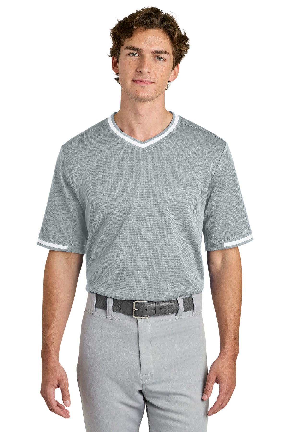 Silver Sport-Tek Tough Mesh V-Neck Baseball Jersey ST221
