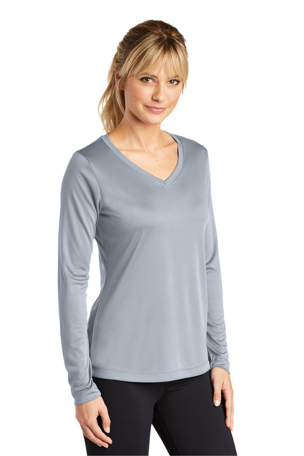 Silver Sport-Tek Women's Long Sleeve PosiCharge Competitor V-Neck Tee. LST353LS