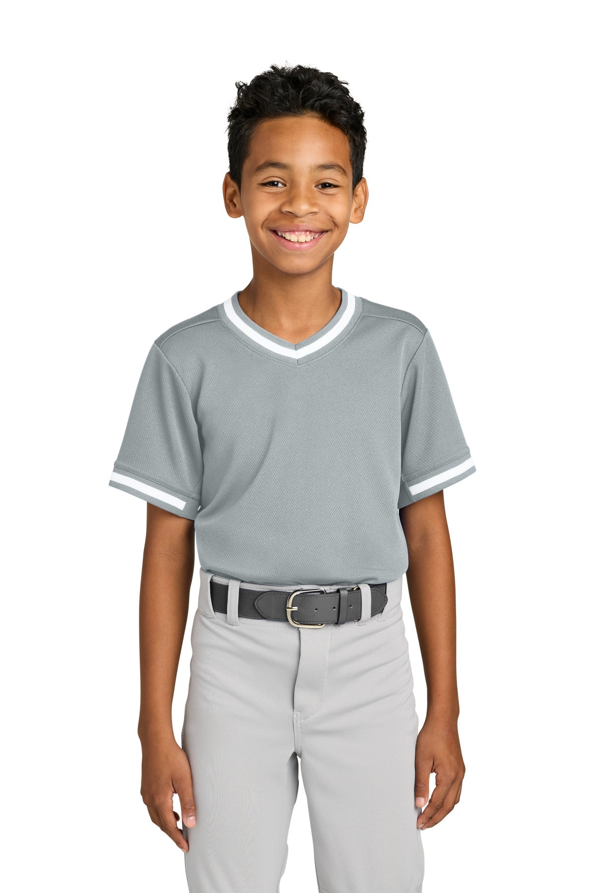 Silver Sport-Tek Youth Tough Mesh V-Neck Baseball Jersey YST221